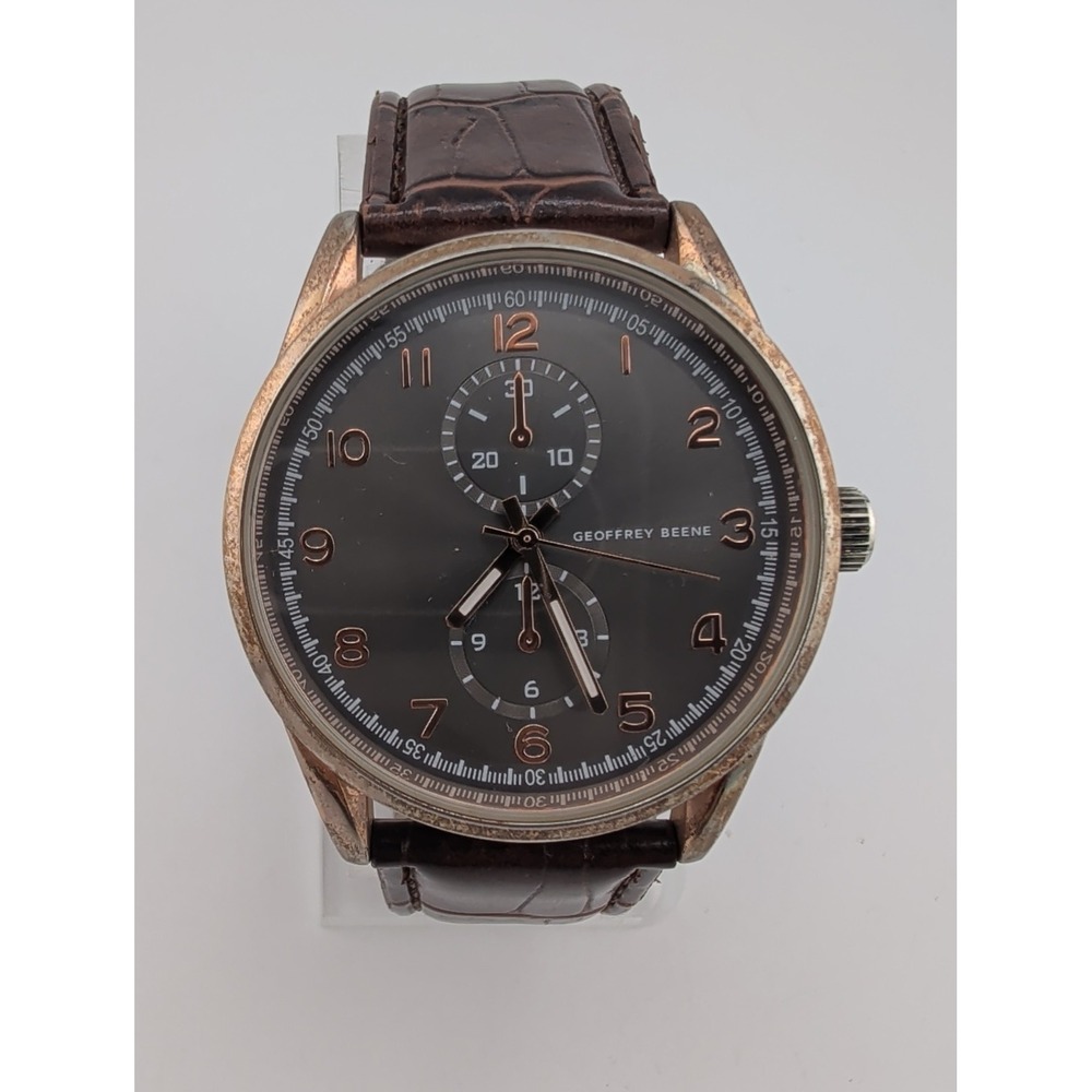 Geoffrey Beene Men's Watch 41mm Case Brown Faux Leather Band- New Battery